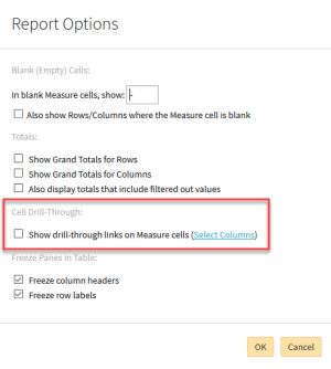Report Options modal with the Cell Drill-Through option highlighted